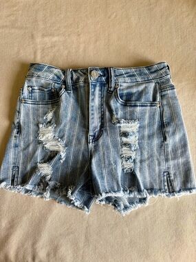 Indigo Rein Light Blue Striped Distressed Denim Shorts